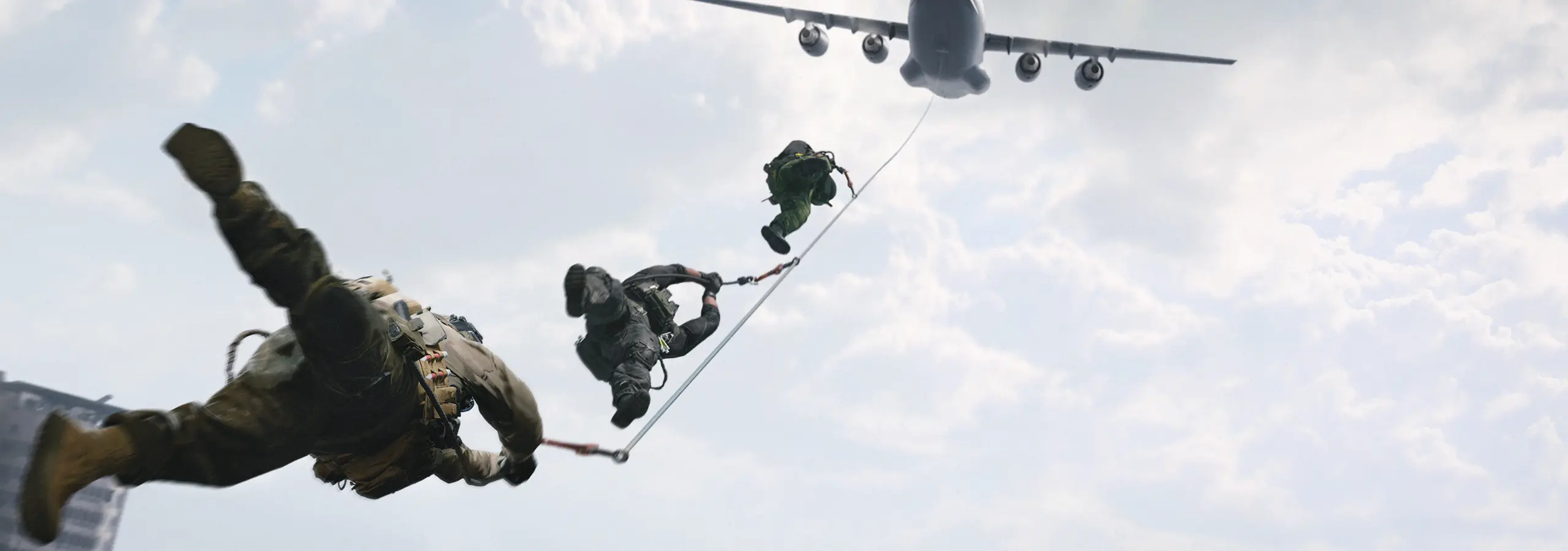 Official DMZ promotional image of Operators deploying beneath a cargo plane