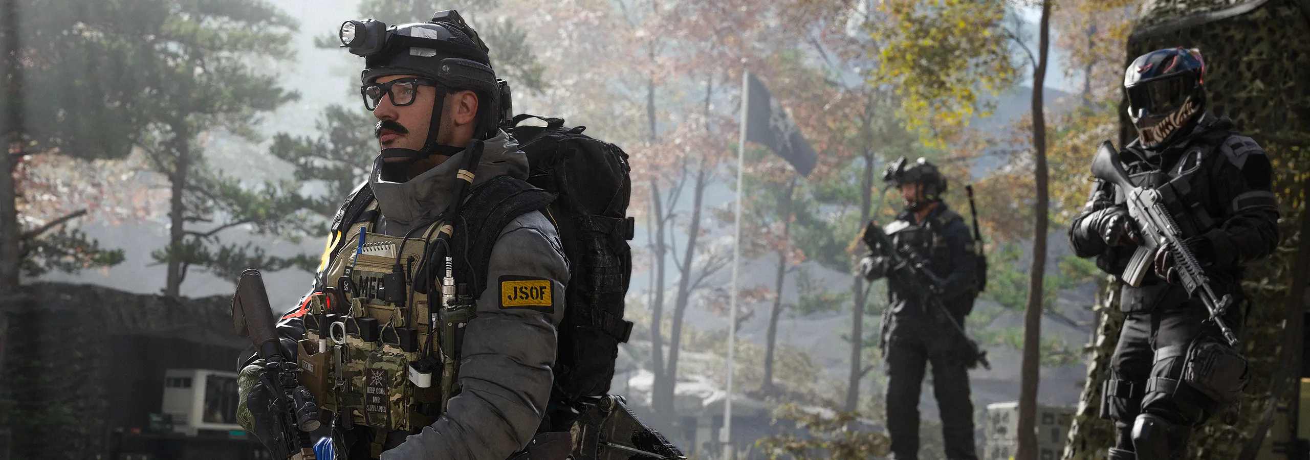 Official MW4 DMZ promotional scene of Operators at the FOB